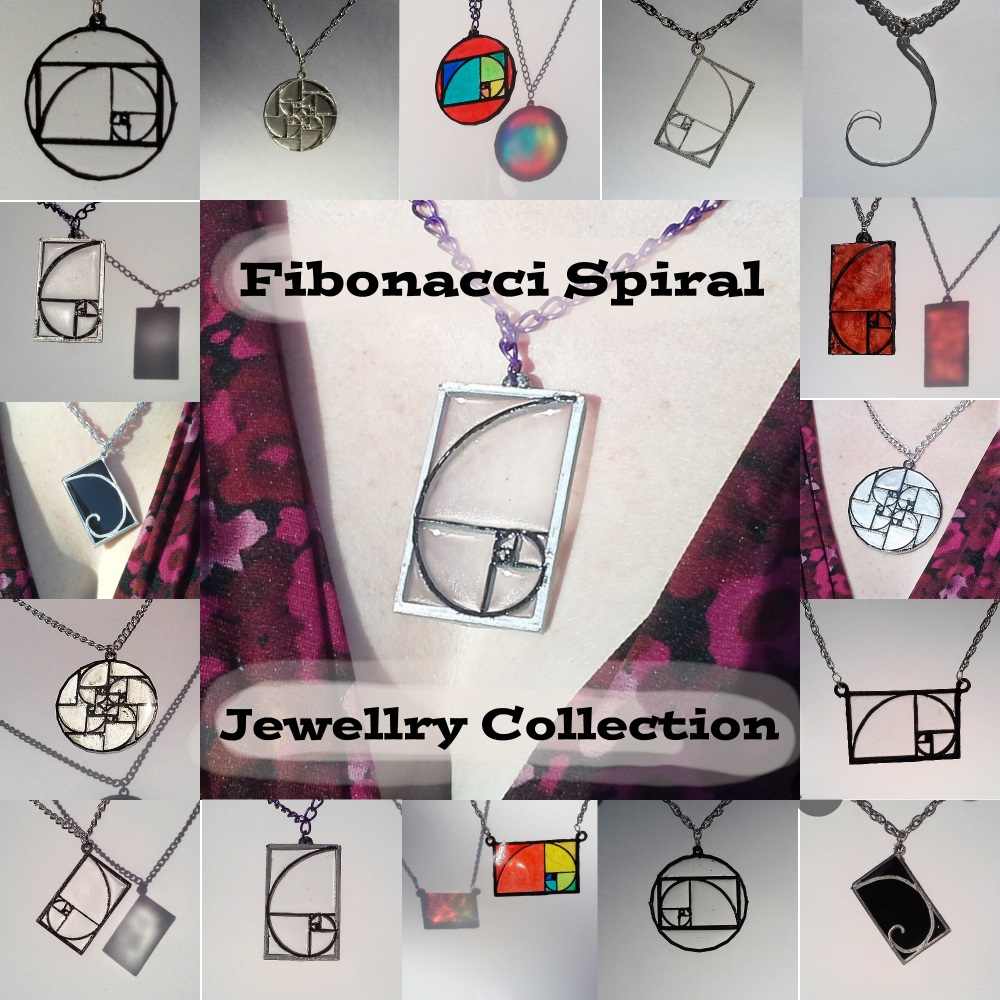 FIBONACCI SPIRAL COLLECTION of jewellery pendants for necklaces, earrings, bag tags and bracelets. The Golden Ratio and the Fibonacci Sequence.