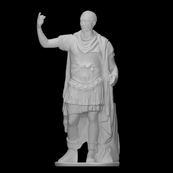 Figure in military uniform, with a modern head of Julius Caesar