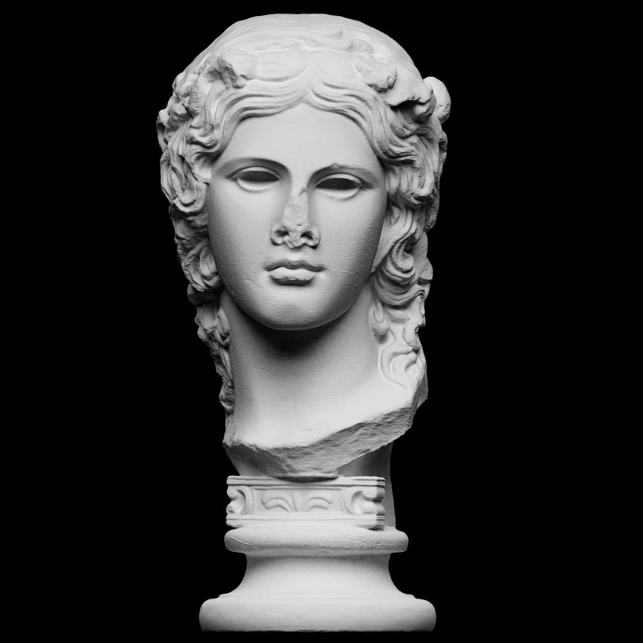 This is a head (originally marble) of the young Dionysus (Bacchus), wearing...