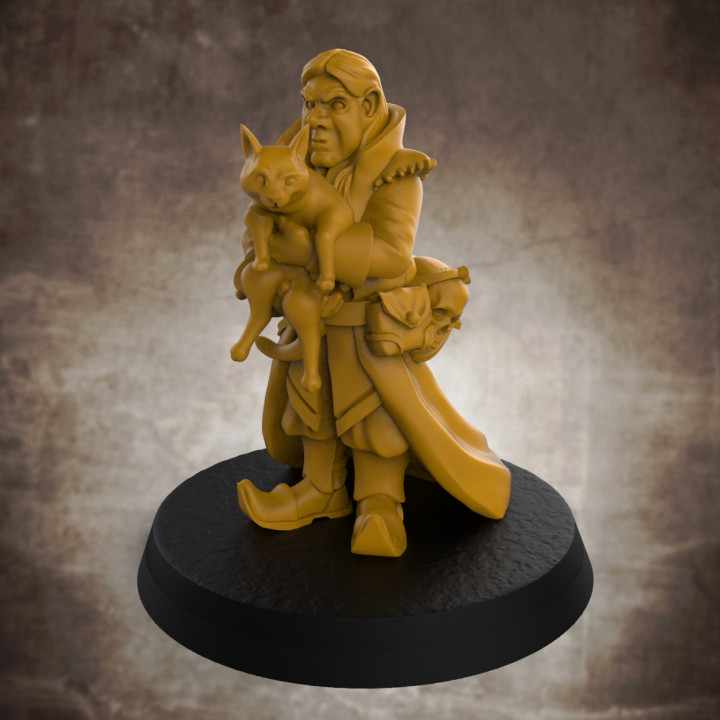 $3.00Gnomish Necromancer "Gale" with his Cat Familiar "Jynx" - 32mm scale miniature with supports